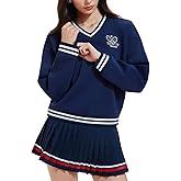 Women's Long Sleeve Tennis Skirt Set 2 Piece Golf Outfit, V-Neck Sweater & Skort with Pockets, Preppy Pickleball Sport Suits
