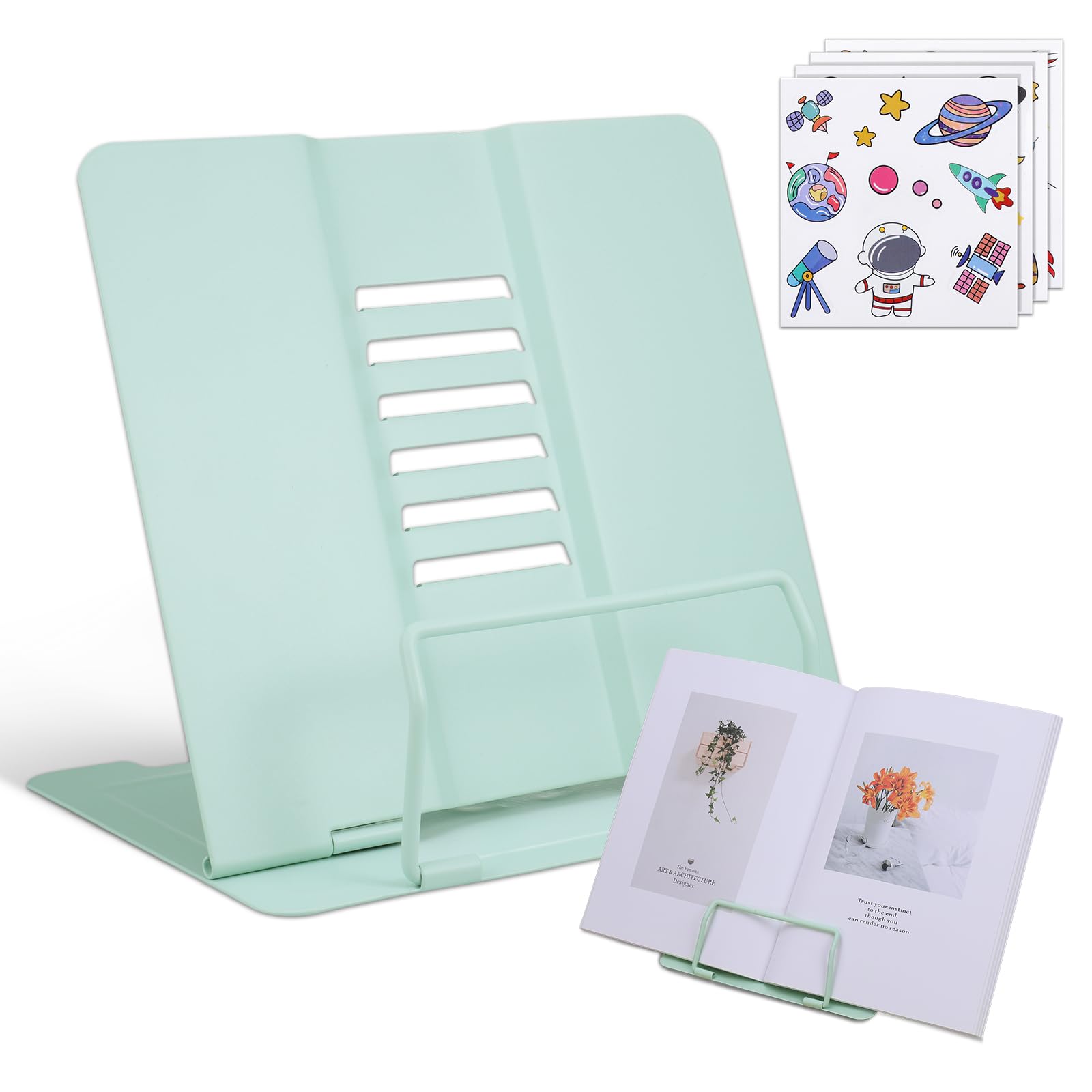 Kssvzz Book Stand, Metal Cookbook Holder with Adjustable Angle, Portable Sturdy Bookstands for Reading Book, Documents, Tablet, Mobile Phone and Book Display, Green