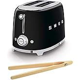 Smeg TSF01BLUS 50's Retro Style Toaster Bundle with Bamboo Tongs - (Black) 2 Slice