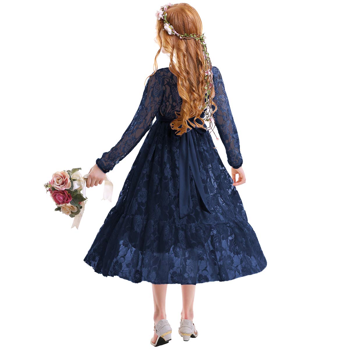 FYMNSI Vestido Largo de Encaje Niña Elegante Manga Larga Princesa Noche de  Fiesta Bautizo Ceremonia Comunion Formal Casual Dama de Honor de Boda  Navidad Halloween Vestir para Niños 4-13 Años Ropa Vestidos