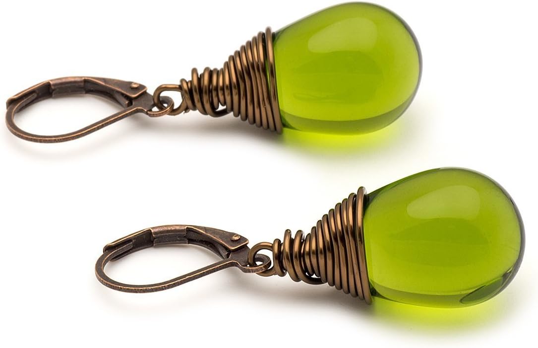 Large olive green Czech glass wire-wrapped bronze lever-back earrings