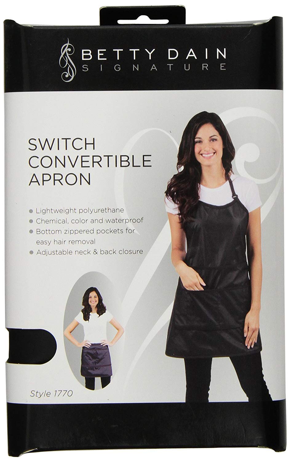 Betty Dain Signature Switch Convertible Salon Stylist Apron with Pockets, Waist Apron/Tool Skirt, Lightweight, Polyurethane, Chemical, Bleach, and Water Proof, Pockets with Zippered Bottoms, Black