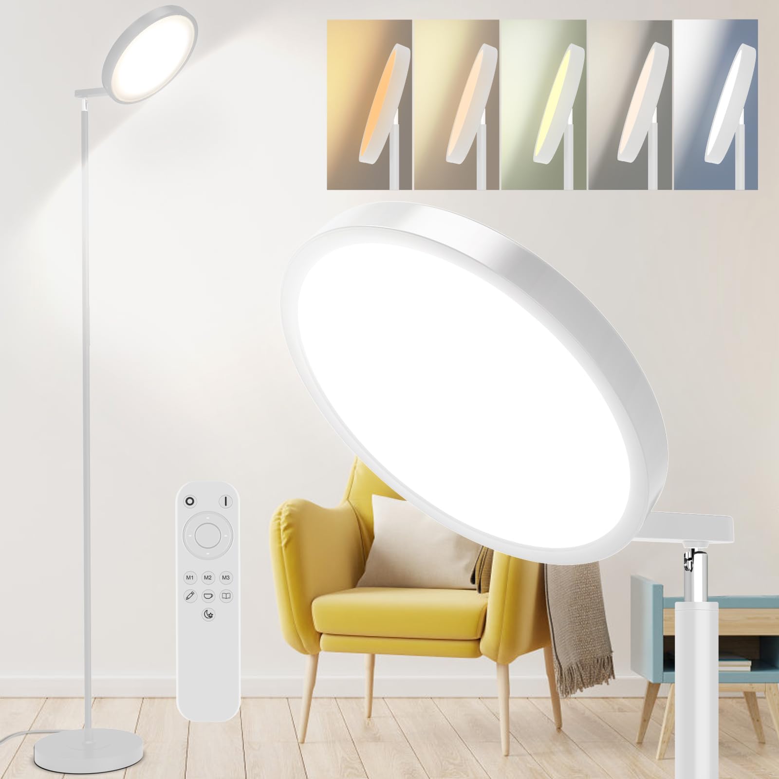 Unbranded LDO3 Dimmable Floor Lamp With Remote Control – Black + White/Beige, E26 LED, 60W Max, Iron & PVC/Fabric Shade