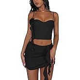 ROAONOCOMO Women Y2K Ruffle 2 Piece Skirt Set Sheer Mesh Tank Top Low Rise Tiered Mini Skirts Outfit Coquette Going Out Set