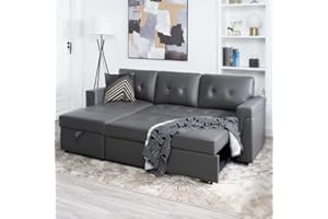 Naomi Home Jenny Sectional Sofa Sleeper with Storage Chaise, Tufted Pull Out Couch with Storage, Sectional Bed, L-Shaped Reversible Sleeper Sofa with, Dark Gray,Air Leather