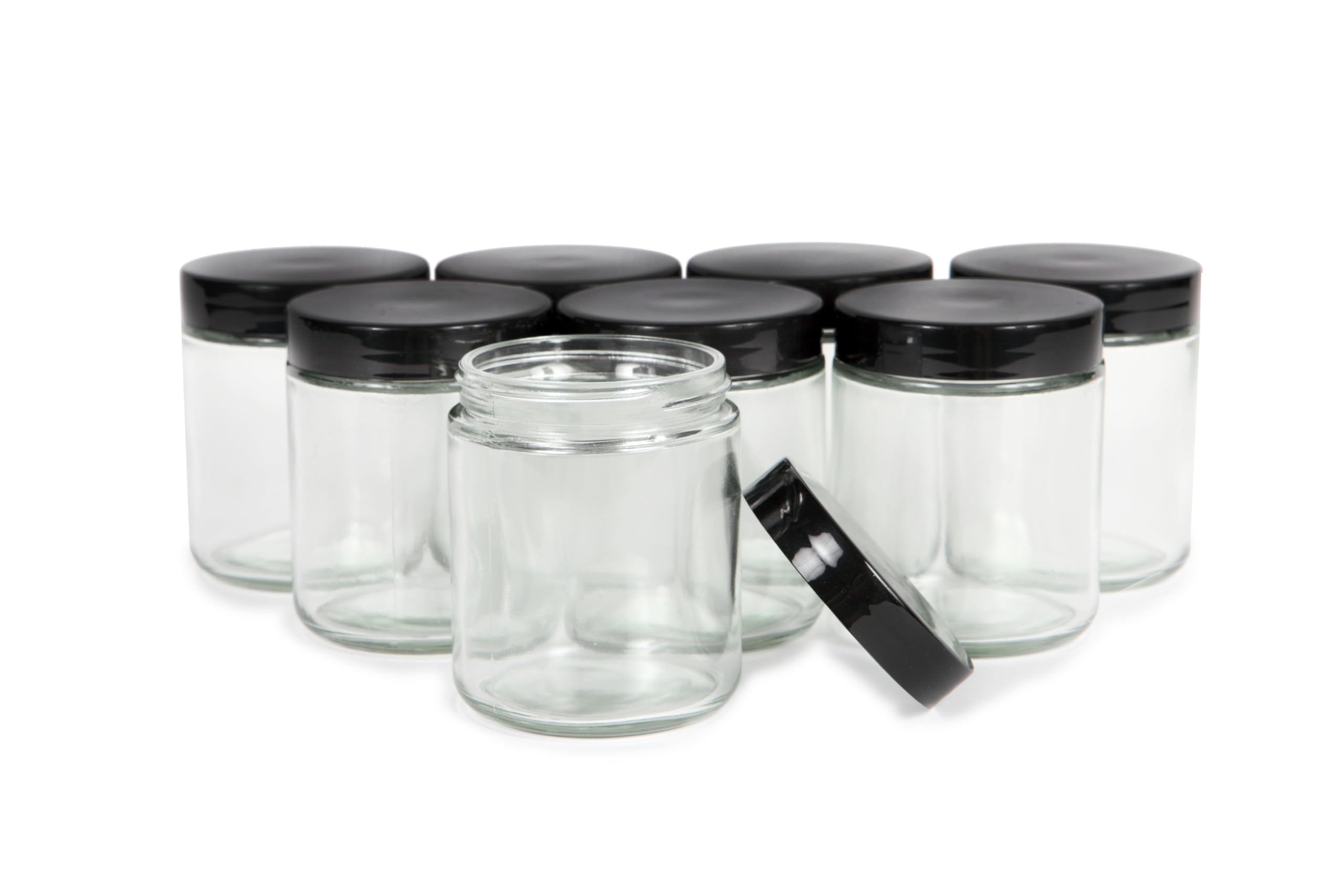 Vivaplex Clear, 8 ounce, Round Glass Jars, with Black Lids - 8 pack