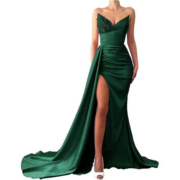 Mermaid Sequin Prom Dress – Long Satin Gown With Beaded Strapless Top, Slit, Ruched Detail For Formal Evenings