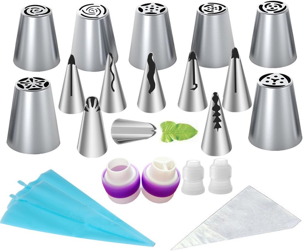 26-Piece Cake Decorating Kit Russian Piping Tips Icing Tips Set Tools,7 Large Size Russian Tips 8 standard Size Ruffle Piping and icing tips 2 Silicone Pastry Bags 5 Disposable Pastry Bags 4 Coupler