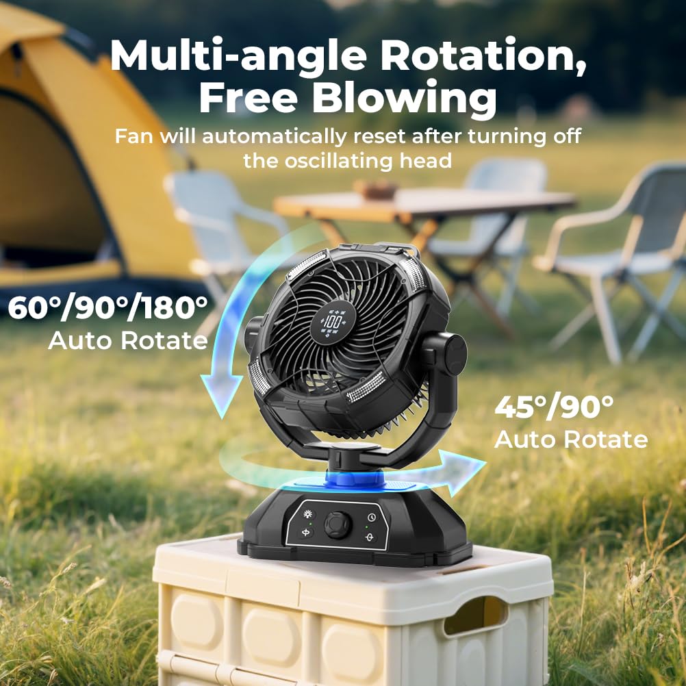 Rechargeable Camping Fan 30000mAh with RGB Lantern, 0-100 Wind Speeds Portable Battery Operated Oscillating with LED Display, 360° Airflow Tent Beach Cordless Travel Fans for Outdoor Home Office