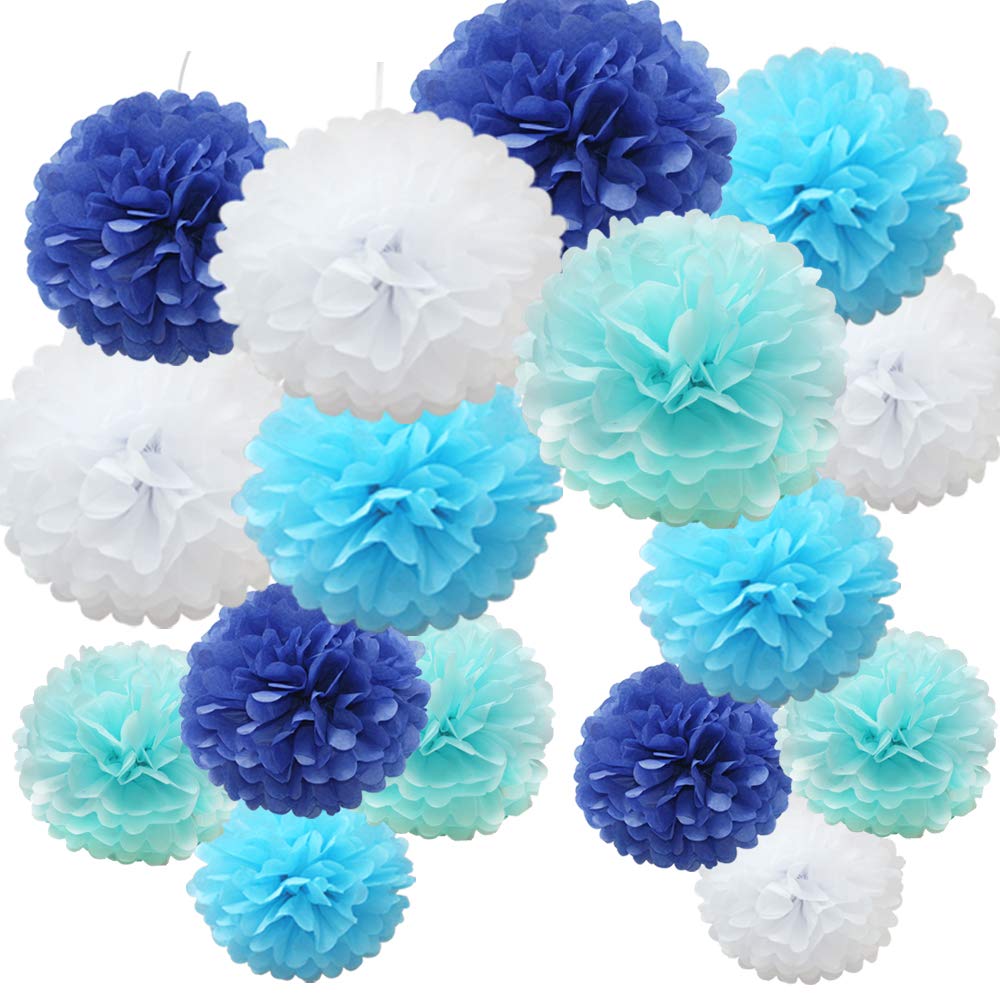 Time to Sparkle 16pcs Mix Tissue Paper Pompoms Pom Poms Flower Handmade Wedding Party Decorations Balls, Baby Blue Shade