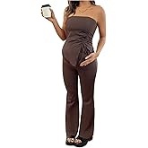 MakeMeChic Women's Maternity Sets 2 Piece Summer Outfits Ruched Tube Top and Pants Pregnancy Matching Set