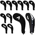 WIOR Golf Club Head Covers, 12Pcs Neoprene Zippered Golf Wedge Iron Covers with Large Number Tags & Long Neck, Protective Mesh Golf Iron Head Covers for Men Women, Fit for Most Standard Irons (Black)