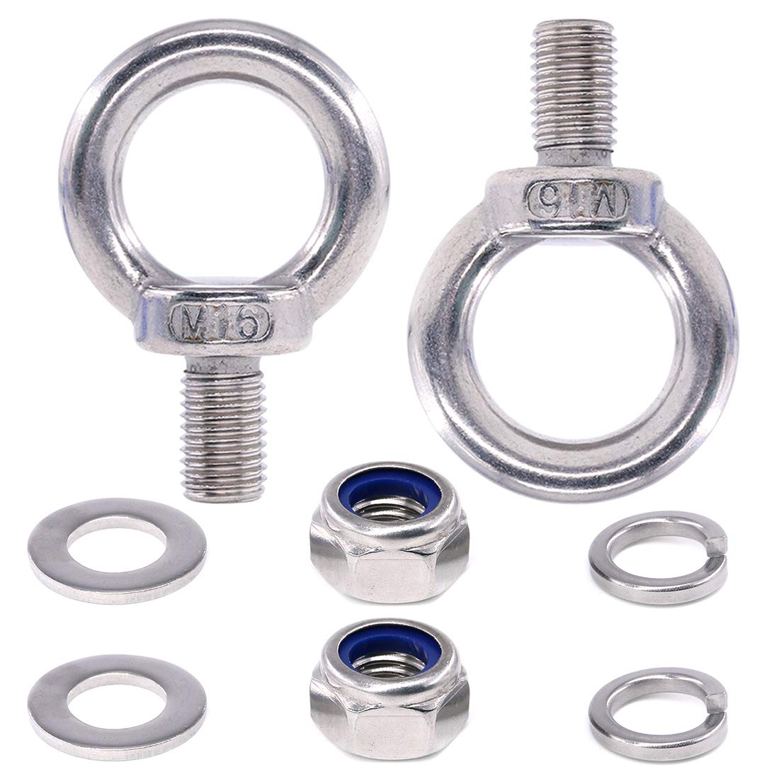 Swpeet 8Pcs M16 Stainless Steel Eye Bolt Kit, Including Eye Bolts, Lock Nuts, Lock Washers and Flat Washers