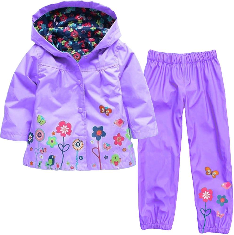 CADong Girls' Raincoat Suit Waterproof Hooded Coat Outwear Jacket & Trousers Suit