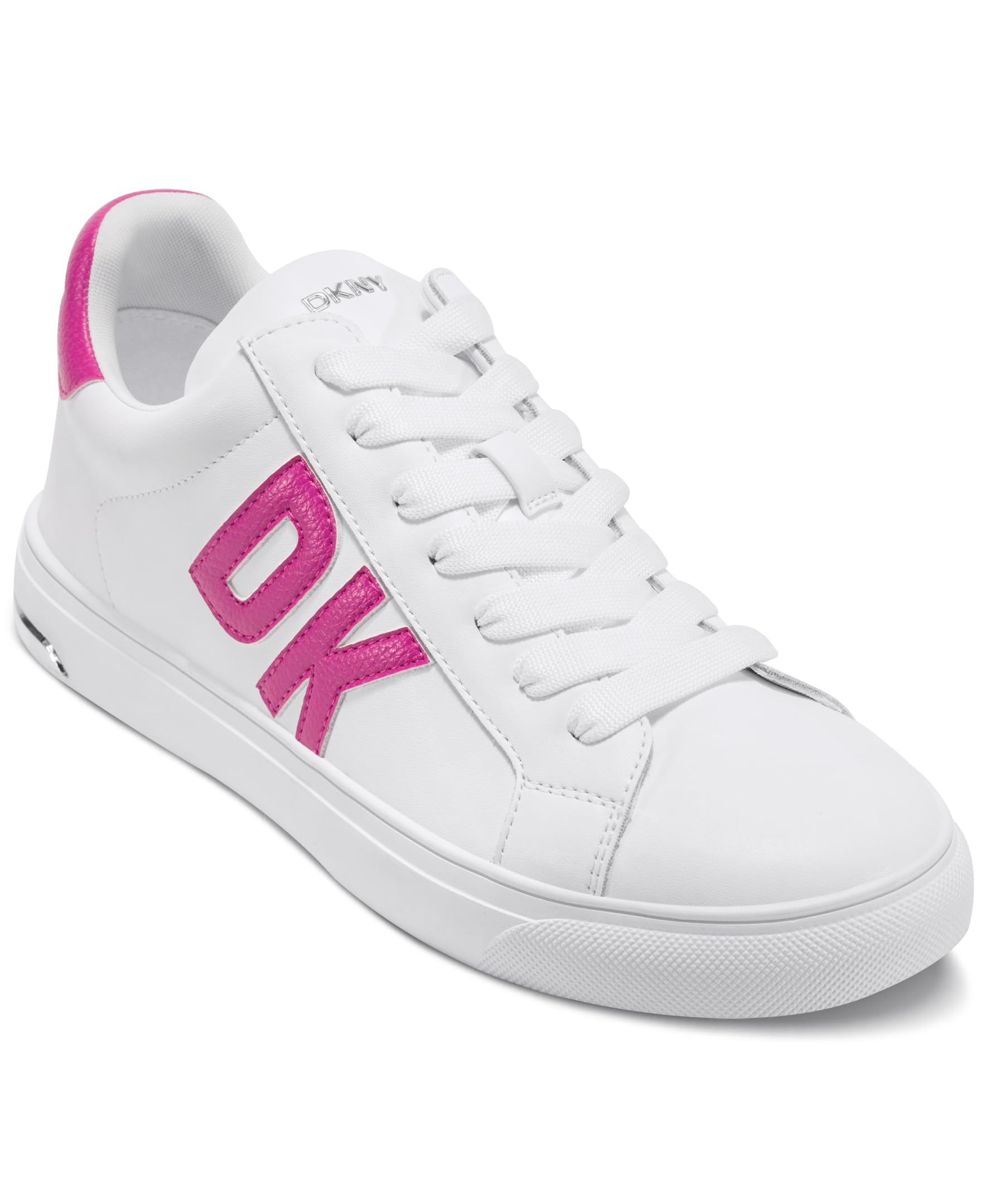 DKNY Women’s Abeni Low Top Sneaker with Logo, White/Pink, 7