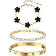 Womens Stackable Floral Gold Bracelets - 3Pcs 18K Gold Plated Bracelet,Stainless Steel Bangle Bracelets Non Tarnish, Gold Bracelet Set Trendy Jewelry,Christmas Valentines Birthday Gifts for Girlfriend