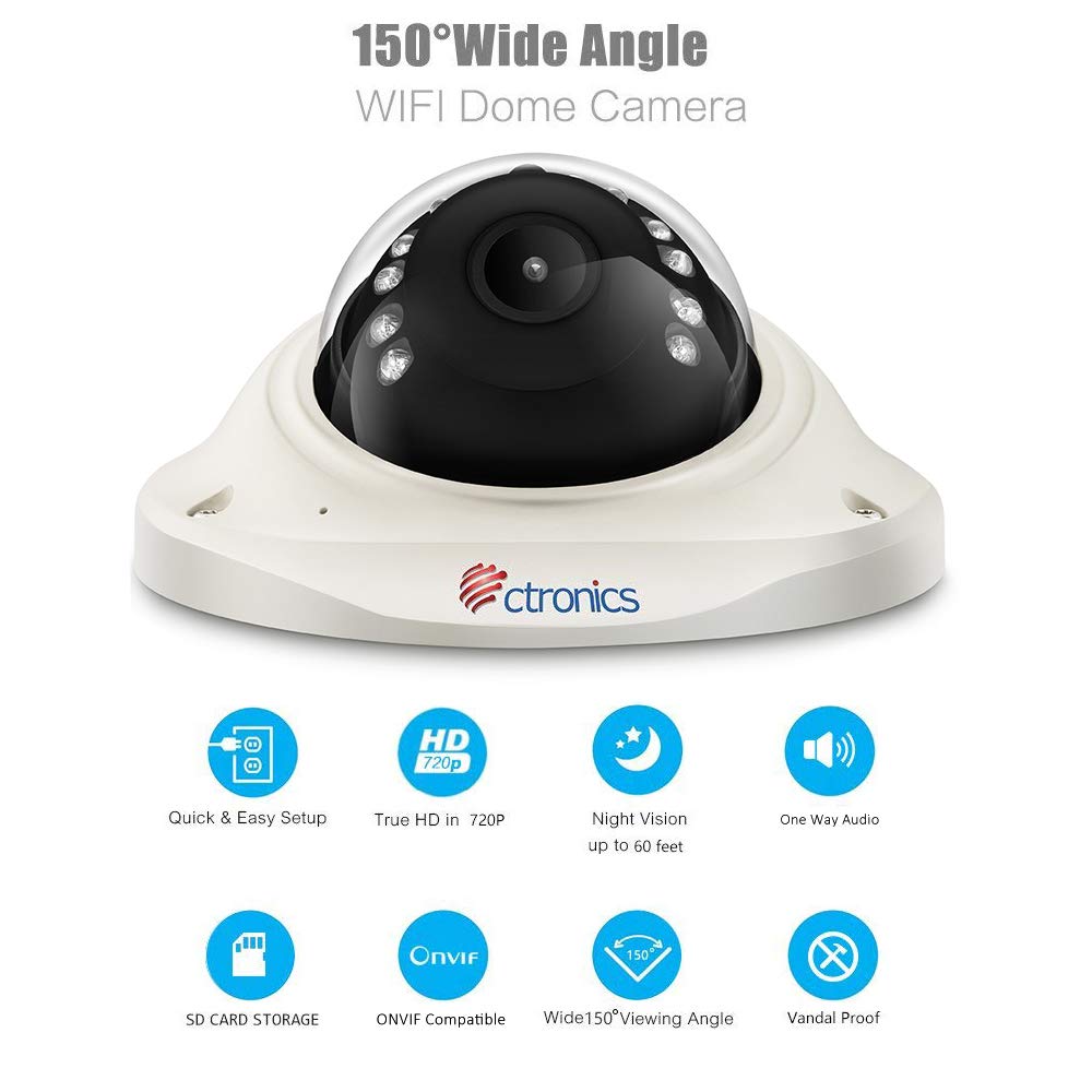 Ctronics WiFi Security Camera with 150° Wide View, 720P IP Dome Camera