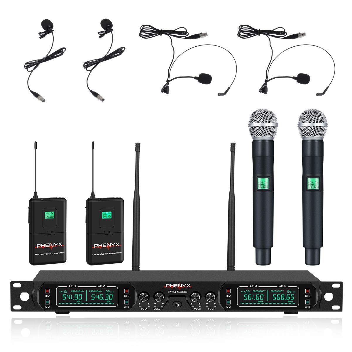 Phenyx Pro 4Channel UHF Wireless Microphone System, Cordless Mic Set