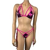 Freya's Boutique Sparkle Shine Triangle Bikini Top with Connector G-String Thong Tie Side Mini Micro V-String Thong Skimpy Exotic Dancewear Rave Outfit Swimwear Bathing Suit 2 Piece Set Handmade