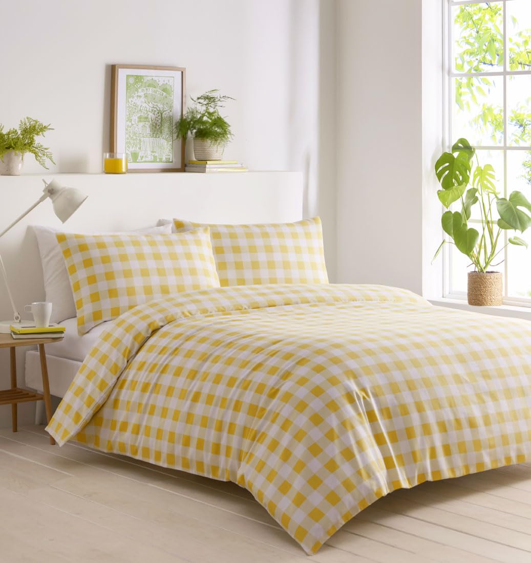 Gingham Duvet Sets Check Bedding Quilt Cover Pillow Cases (Yellow, Single)