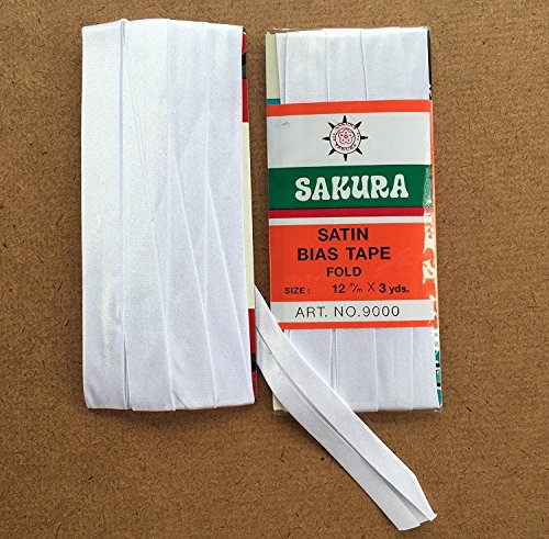 Sakura Satin Bias Tape Fold - Single Fold # White Color 12 Mm. (3 Yards / Pack) Set of 4