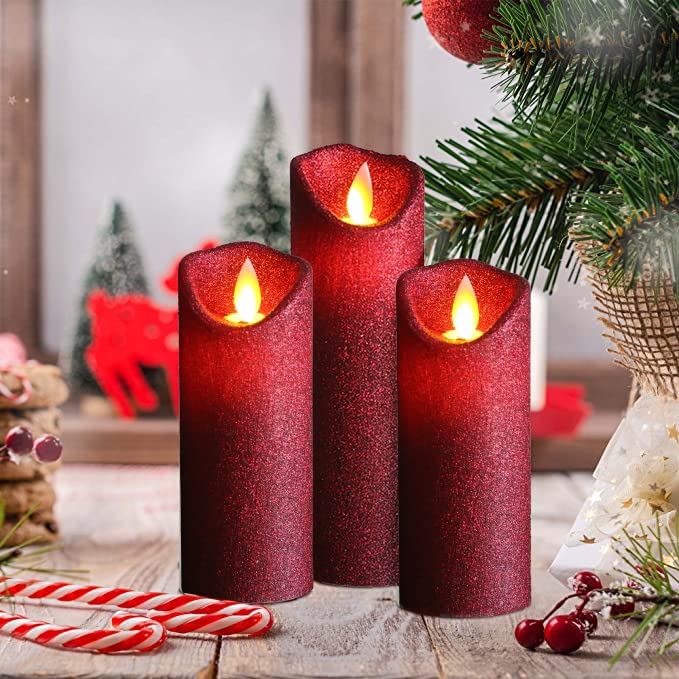 Kitch Aroma Burgundy Red Glitter Flickering Flameless Candles Set of 5