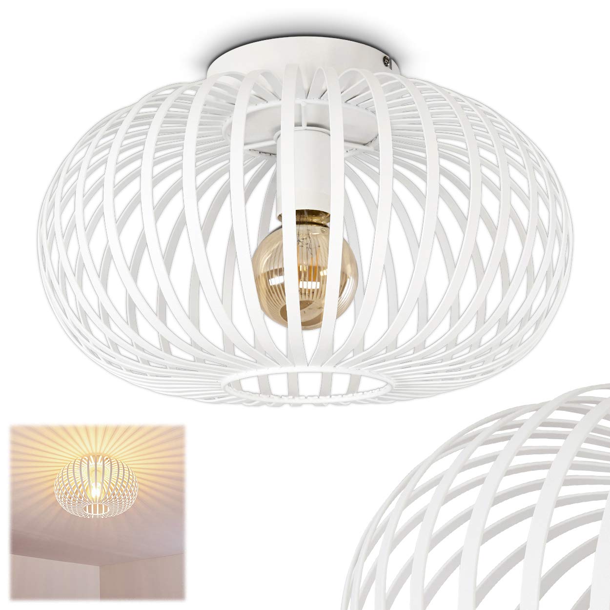 Oravi Ceiling lamp, Round Metal Ceiling lamp in White, 1-Flame, E27 Socket, luminaire with Great Lighting Effects on the Ceiling, Without Bulb