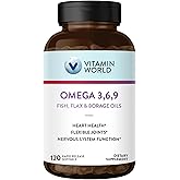 Vitamin World Triple Omega 3-6-9 3000mg with Fish, Flax, Borage & Evening Primrose Oils, Omega-3 Fatty Acids with EPA & DHA, Supports Heart, Brain & Immune Health, Gluten Free, 120 Softgels