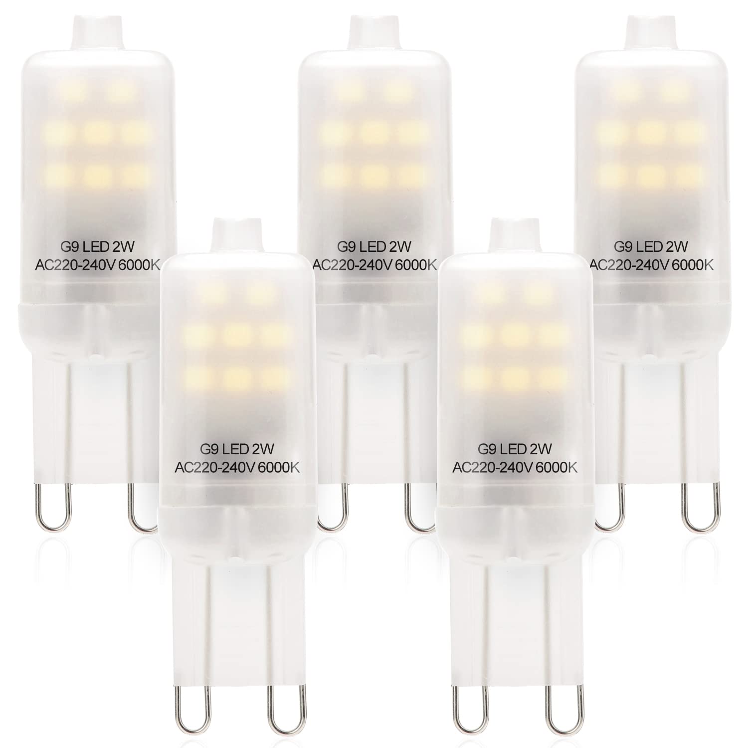 Eco.Luma 2W G9 LED Bulbs Non Dimmable, 6000K Cool White, Replace 20W Halogen Bulb, AC220-240V LED Light Bulbs, G9 Bi-Pin Base, 360° Beam Angle, Pack of 5