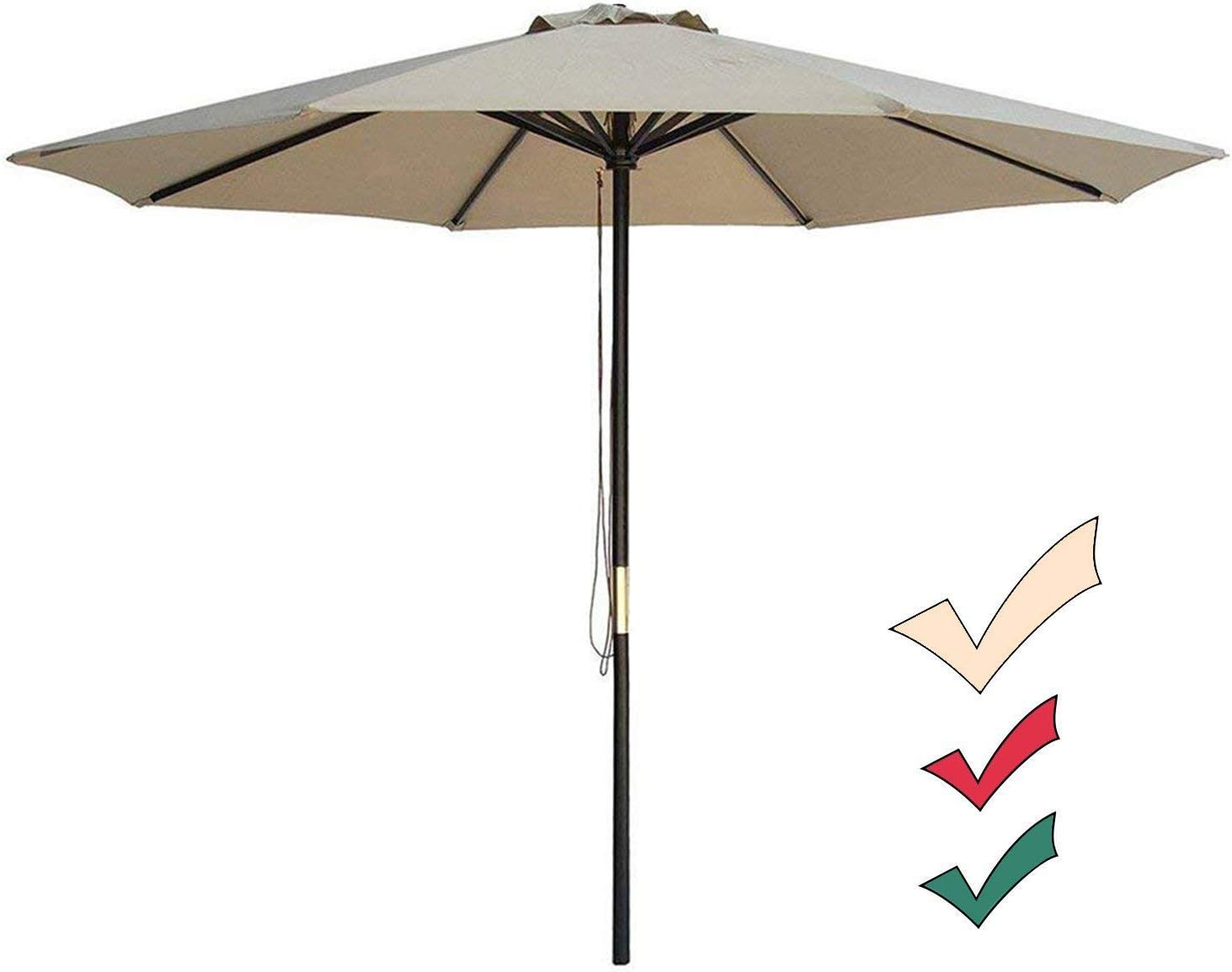 9Ft Wooden Market Patio Umbrella Outdoor Garden Yard Umbrella with Pulley Lift for Beach Deck, Taupe