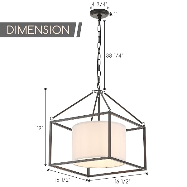 VILUXY MODERN FARMHOUSE CHANDELIER 17″ BLACK CEILING PENDANT LIGHT WITH WHITE FABRIC DRUM CHANDELIERS ROUND SQUARE HANGING LIGHTING FOR DINING ROOM BEDROOM FOYER