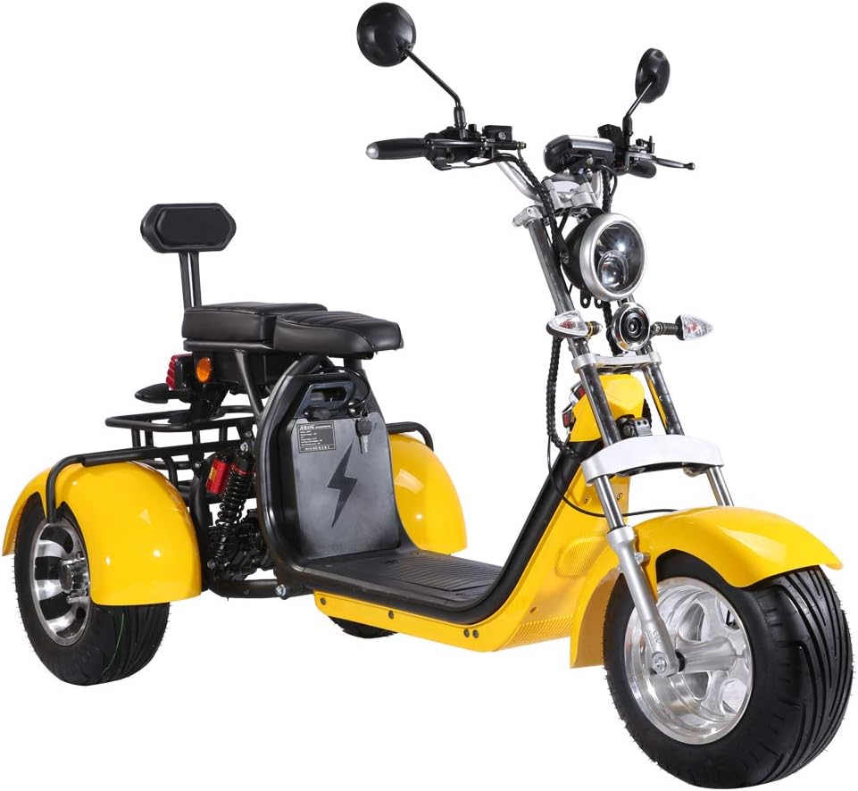 Yellow Electric Golf Cart Scooter 3 Wheel Trike Harley Chopper Style 2000W Motor 20AH 60V Lithium Battery -Top Speed 30 MPH - Golf Bag Holder