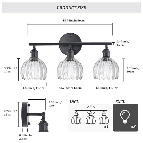 SHENMOYL BATHROOM LIGHT FIXTURES, 3-LIGHT BLACK VANITY WALL LIGHT OVER MIRROR WITH CLEAR TULIP GLASS SHADE FOR BEDROOM LIVING ROOM (BULB NOT INCLUDED)