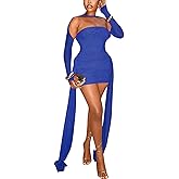 Women’s Sexy Strapless Bandage Tube Top Mini Dress Mesh Halter Long Sleeves Ruched Bodycon Cocktail Birthday Slim Short Dress