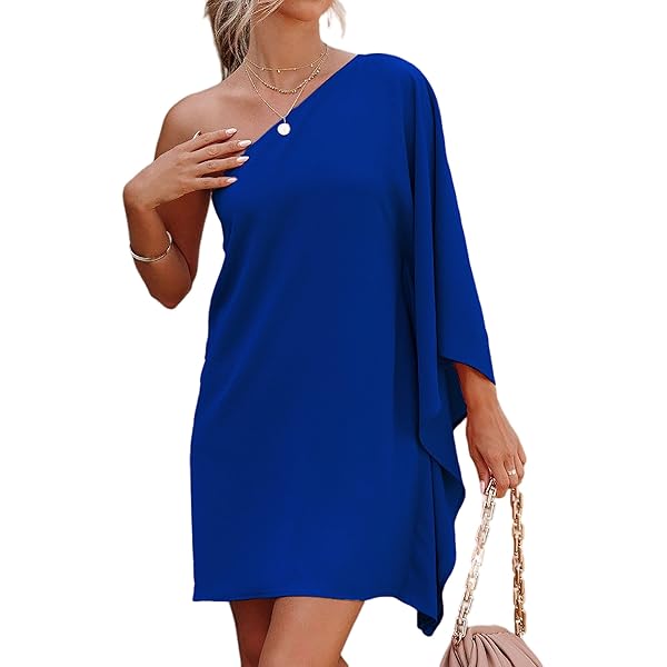 Amazon.com: Women's One Shoulder Cape Mini Dress Casual Loose Batwing Sleeve  T-Shirt Dress Solid Color Party Club Cocktail Dress (Small,Blue 1) :  Clothing, Shoes & Jewelry