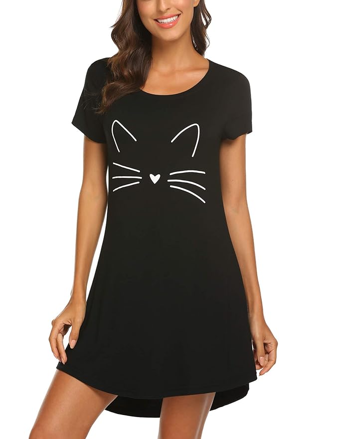 MAXMODA Damen Nachthemd Baumwolle Printed Kurzarm Scoopneck High Low Sleep Tee Nachtwäsche Nachtkleid Knielang Kleid Sleepshi