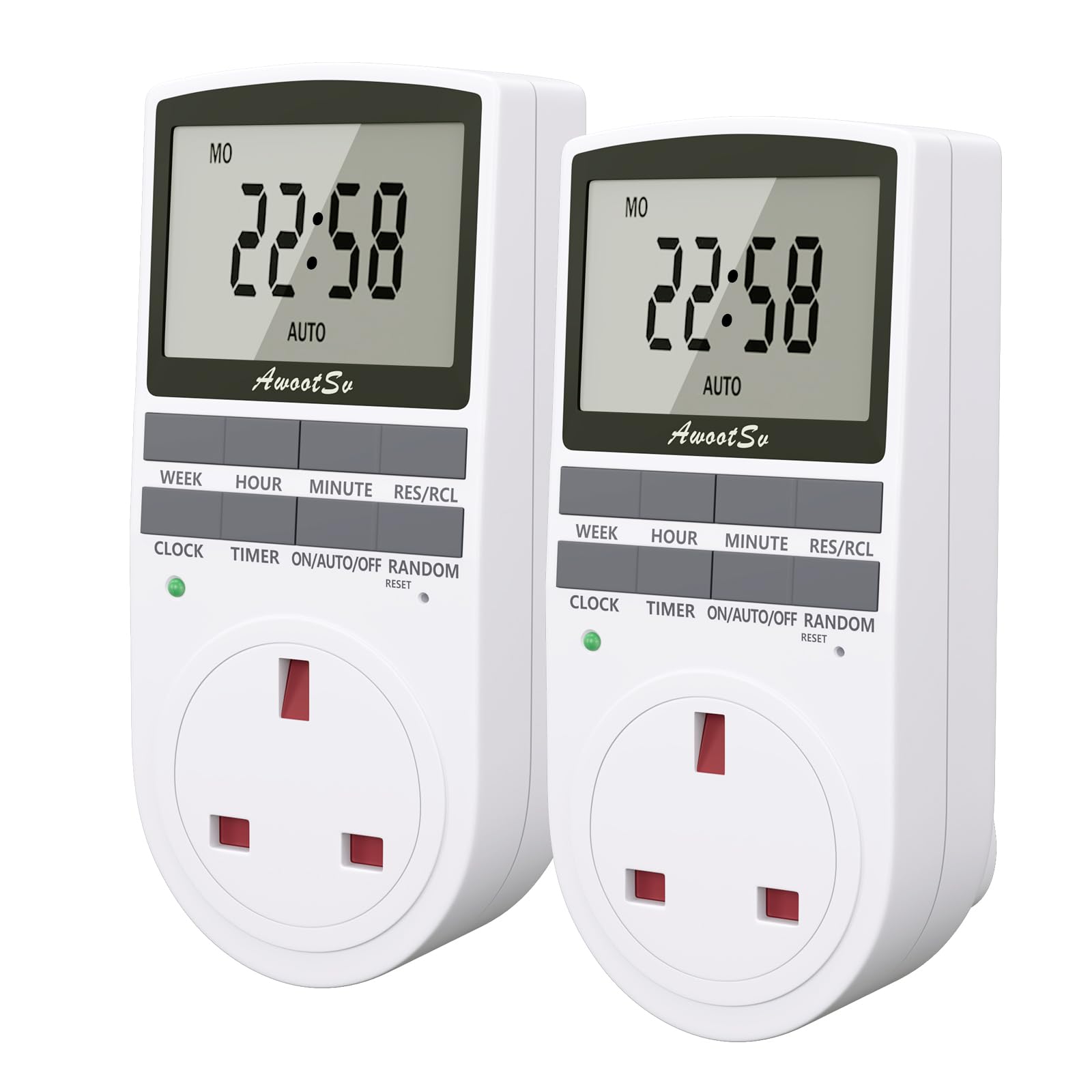 Awootsv Digital Security Timer Plug Socket Programmable Switch Timer with LCD Display 10 On-Off Repeat Cycle 24 Hours/Weekly Indoor Programs Plug for Lights and Home Appliances (2 Pack)
