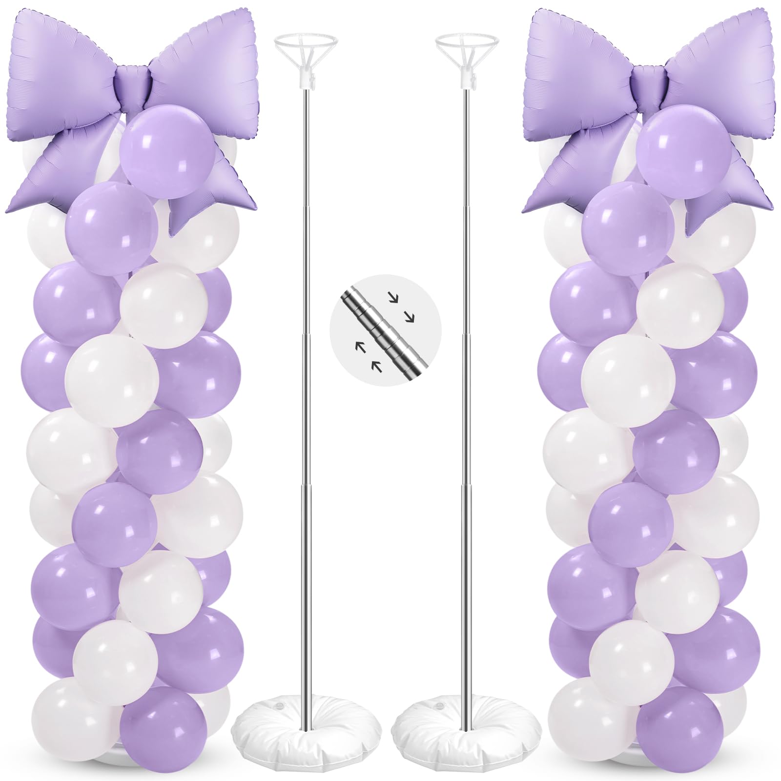 Photo 1 of **FOR PARTS ONLY/ MISSING ASSEMBLY PIECES*** Charnoel 2 Sets Purple White Bow Balloon Column Stand Kit Includes 2 Bows & 100 Latex Balloons Adjustable Stands for Princess Birthday Wedding Coquette Baby Shower Party Decoration