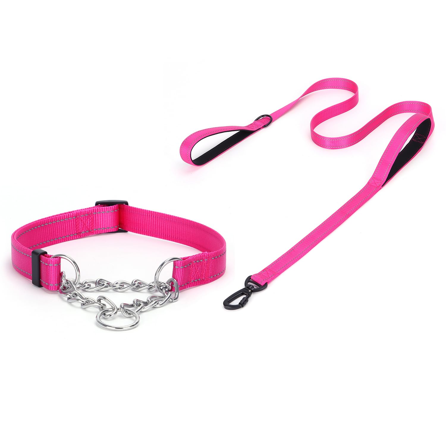 haoyueer Martingale Dog Collar, Stainless Steel Chain, Martingale Collar with Reflective, Adjustable for Medium Large Dogs (Hot Pink Set, L)