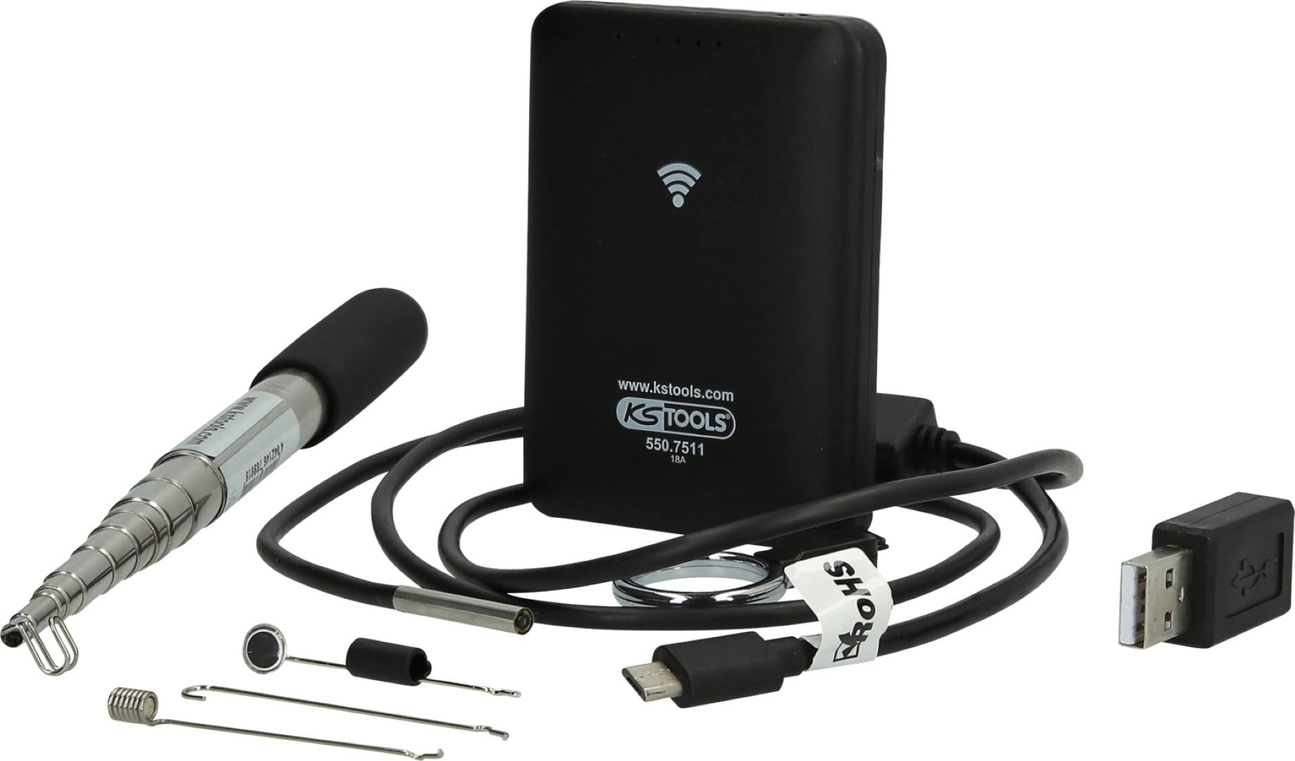 KS Tools 550.7520 Wi-Fi Videoscope Set with Diameter 3.9 mm 0° Front Camera Probe, 8-Piece