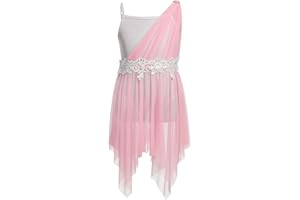 Girl Lyrical Dance Dress One Shoulder Kids Contemporary Dance Outfits Metallic Bodice Flowy Asymmetrical Tulle Skirt