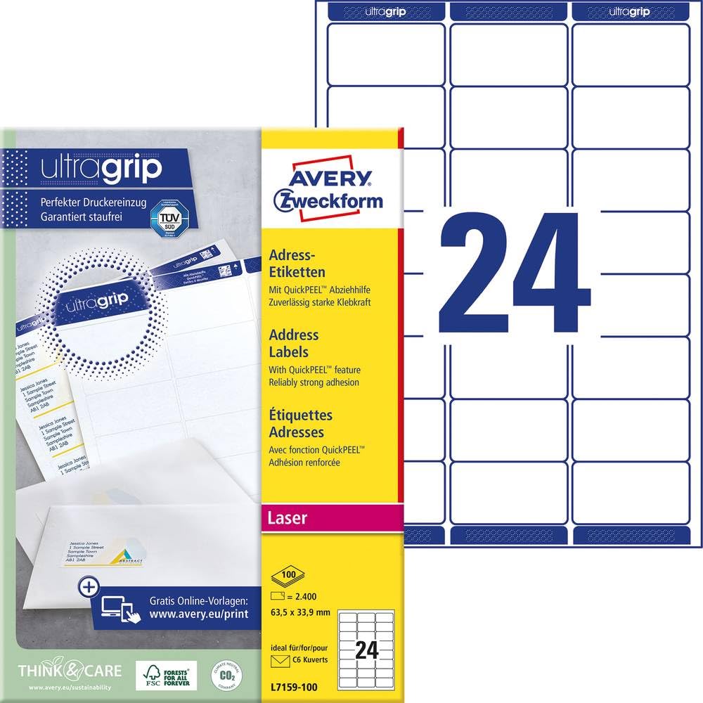 AVERY Zweckform L7159-100 Address Labels 100 Sheets 2400 Labels 63.5 x 33.9 mm White — image 1