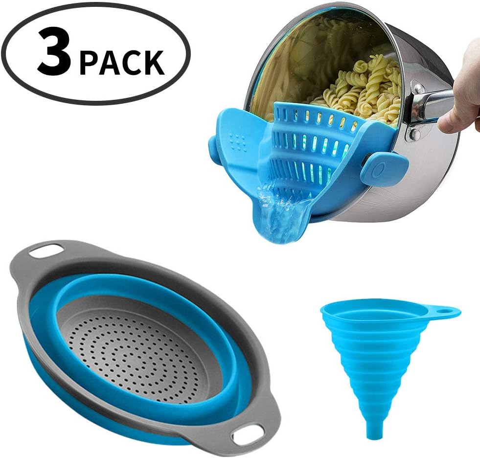 Galagee Collapsible Colander 4 Quart - Silicone Snap Strainer with Collapsible Funnels, Hands-Free Clip-on Heat Resistant Colander Pour Spout for Pasta Vegetable Noodles Pot Bowl Pan (Set of 3)
