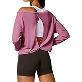 Yousify Womens Open Back Workout Tops Cropped Long Sleeve Boat Neck Athletic Shirts Casual Running Gym Yoga Tees