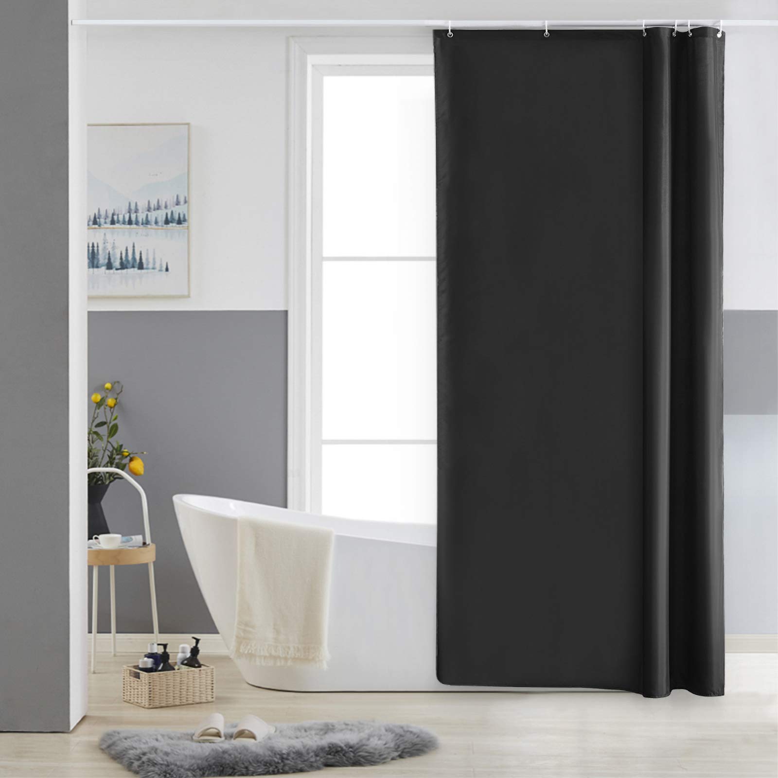Furlinic Stall 33 inch Width Shower Curtain Mould Proof Resistantand Waterproof Washable Fabric Black Bath Curtains with Weight Tape 6 Hooks,33x72 Inch.