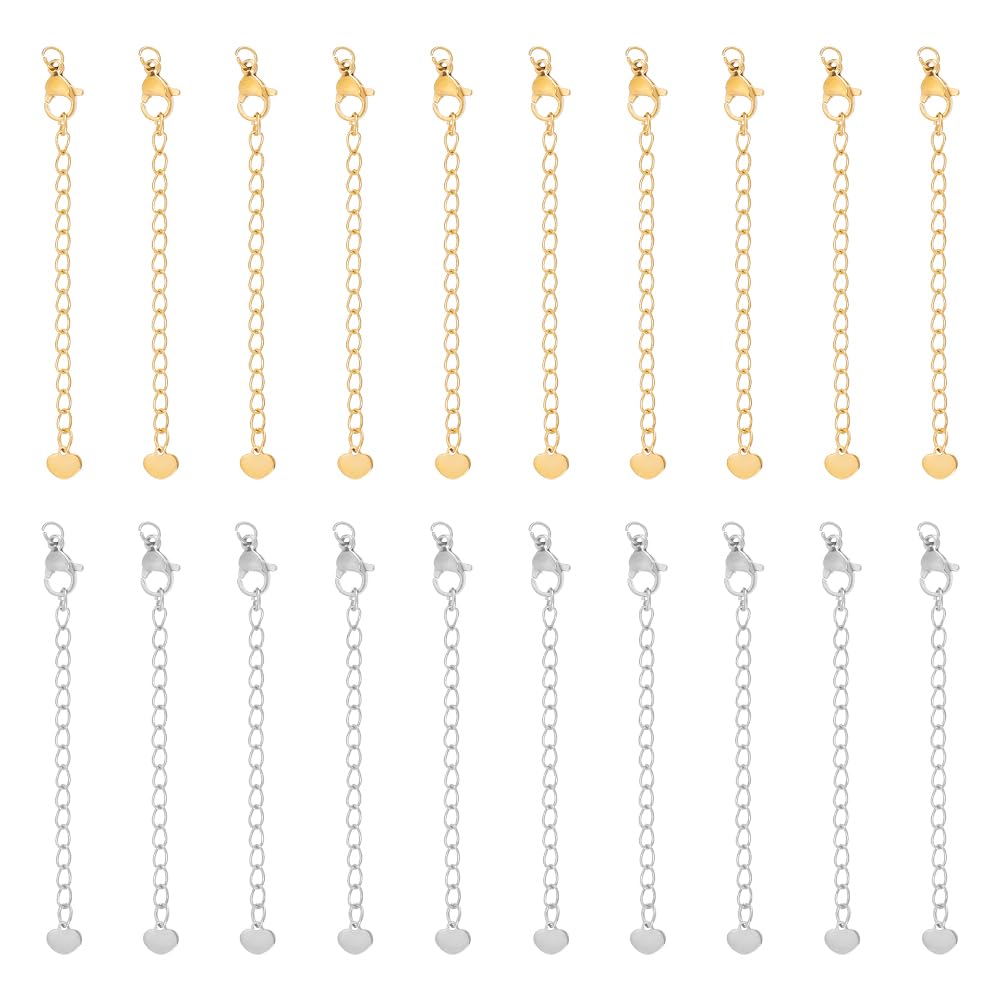 UNICRAFTALE About 20Pcs 2 Colors 50mm 304 Stainless Steel Extension Chain Sets End Chains Extension Tails with Clasps and Tiny Heart Charm Chain Extender for Necklace Bracelet Jewelry Making