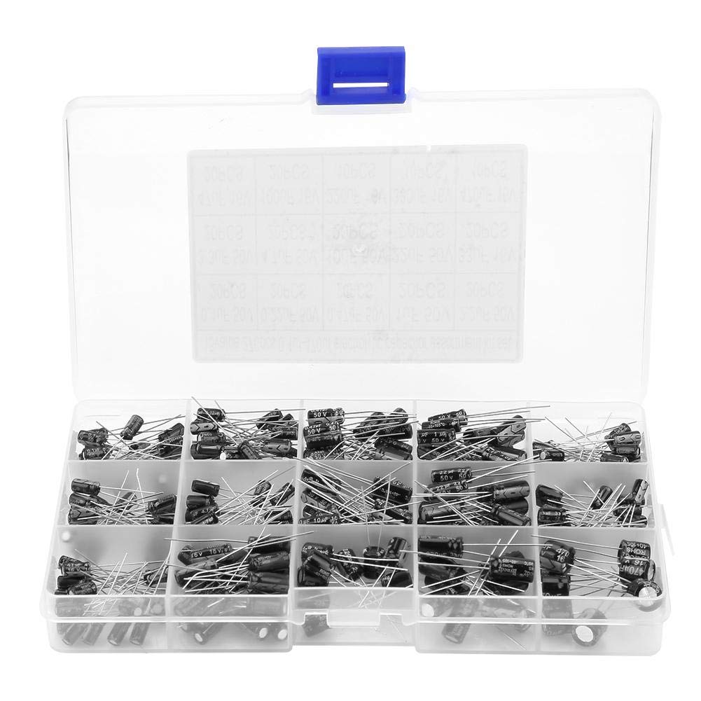 Capacitor Set 270pcs 15 Values ​​Electrolytic Capacitor Assortment Kit Marker Code Clear Capacity Range 0.1uF 50V - 470uF 16V with Storage Box