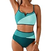 Herseas Women's High Waisted 2 Piece Bikini Sets V Wire Beach Summer Popular Swimsuits Colorblock Trim Swim Bathing Suit