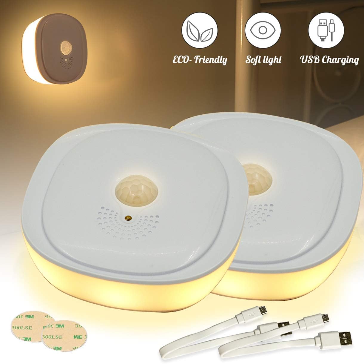 Magicdo Motion Sensor Night Light Indoor USB Rechargeable LED Magnet Stick-on Closet Light High Brightness Lasting Wireless Automatic Night Light,Warm White,2 Pack