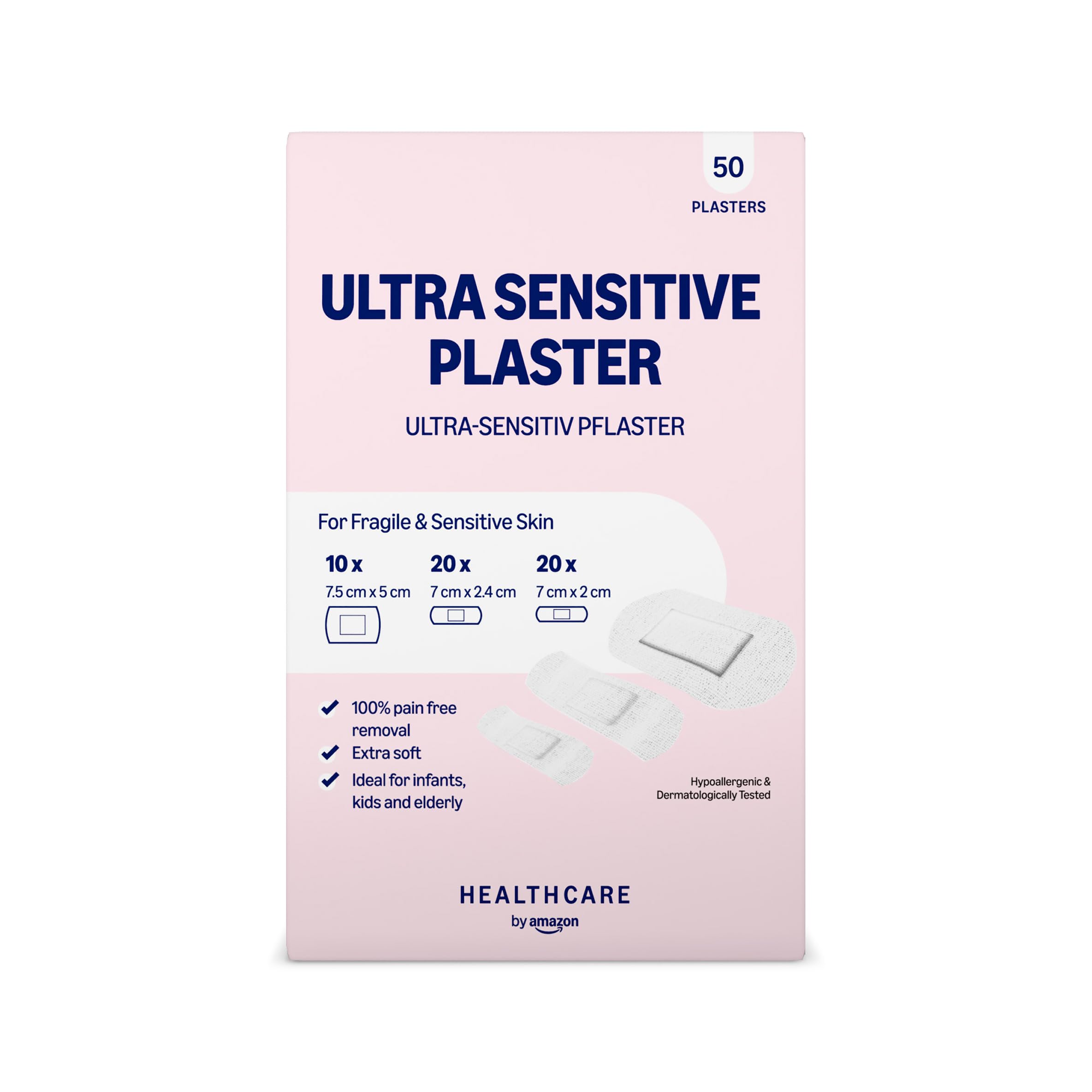 Healthcare By Amazon Ultra Sensitive Plasters, Suitable for Infants, Kids and Elderly, 3 sizes, 50 Count (Previously a Amazon Basic Care brand, same product)